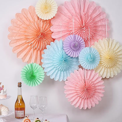 9PCS Huge Pastel Hanging Paper Fans Decoration Macaron Birthday Party Decorations Rainbow Ice Cream Easter Paper Hanging Decor for Bridal Baby Shower Classroom Home Decor