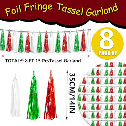 8P Red Green White Foil Fringe Metallic Tassel Streamers Banner Tassel Garland for Parade Floats, Graduation, Wedding, Birthday, Halloween, Christmas, Mexican Italian Birthday Party Decorations