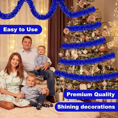 25 Feet Blue Christmas Tinsel Garland, Metallic Foil Twist Banner Wall Hanging Tinsel Streamers Backdrop for Parade Floats, Christmas, Mother's Day, Birthday Party Decorations(4in x 25ft)