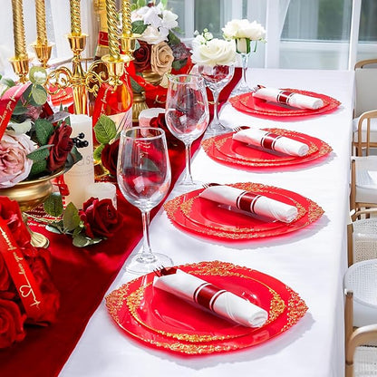 400PCS Pre Rolled Red Plastic Silverware Sets - Heavy Duty Red Cutlery - Include 100 Pack Wrapped Disposable Utensils with Napkins for Christmas Parties & Dinners & Weddings
