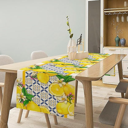 Lemon Table Runner,Spring Summer Seasonal Yellow Blue Table Runner for Kitchen Dining Table Home Party Decoration 13x72 Inch