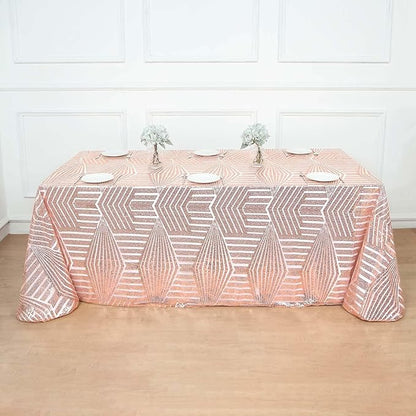 Efavormart 90"X132" Blush Rose Gold Sparkly Sequin Geometric Tulle Rectangular Tablecloth