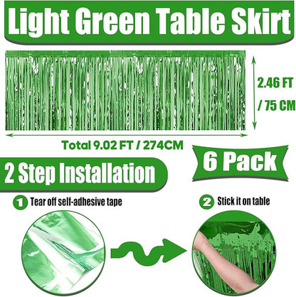 6 Pack 29x108 Inch Metallic Foil Fringe Tinsel Table Skirts Banner for Rectangle Tables Streamer Curtains Backdrop for Wedding, Birthday, Parade Floats, St Patrick Day Party Decoration(Light Green)