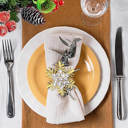 Halatool Christmas Napkin Rings Set of 6, Gold Snowflake with White Rhinestone Napkin Holder for Christmas Thanksgiving Winter Holiday Place Setting, Weddings, Party Table Decoration
