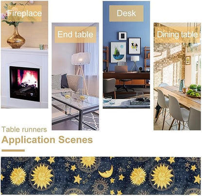 Sun Moon Table Runner, Boho Starry Sky Table Runners for Dinner Holiday Party Wedding Kitchen Golden Stars, 13x120 Inch