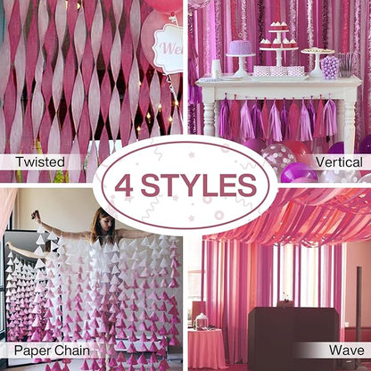 PartyWoo Pink Crepe Paper Streamers 4 Rolls 328 ft Pack of Dusty Pink Crepe Paper for Baby Shower Bridal Shower Gender Reveal Bachelorette Birthday Party Decorations (1.8 Inch x 82 Ft/Roll), Red-806