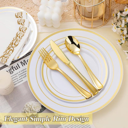 100PCS White Plastic Plates Set with Gold Rim, 50 10.25 inch Heavy Duty Dinner Plate and 50 7.5 inch Dessert Appetizer Plates, Premium Disposable Plates for Party, Wedding, Birthday