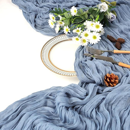 12 Pack Dusty Blue Table Runner 10ft Boho Gauze Fabric Cheesecloth Table Runner 35 x 120 Inch Rustic Sheer Runner for Wedding Decor Baby Shower Party Table Centerpiece Decorations