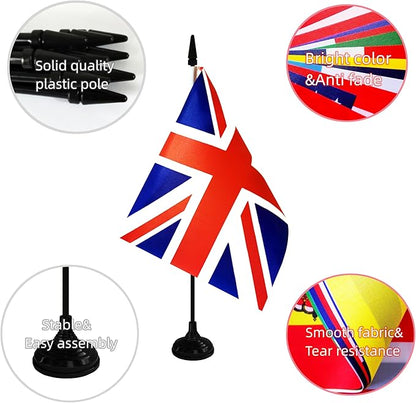 UK Britain Desk Flag, 12 Pack British Table Office Flag with Black Solid Pole and Stand Base, International Country Flag, Festival Celebration, Classroom Meeting Desktop Decor (UK)