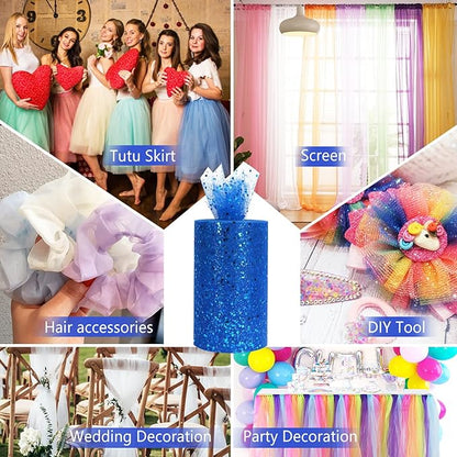 Glitter Tulle Rolls, 6” by 50 Yards (150FT) Sparkling Tulle Spool Ribbon Sequin Tulle Netting Fabric for Tutu Skirt Wedding Birthday Baby Shower(Royal Blue)