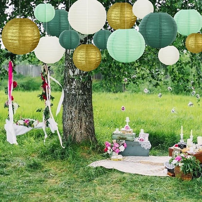 BEISHIDA 16 Pcs Sage Green Gold Paper Lanterns,Hanging Decorative Chinese Japanese Round Paper Lantern Lamp for Birthday Wedding Baby Bride Shower Home Party Decoration