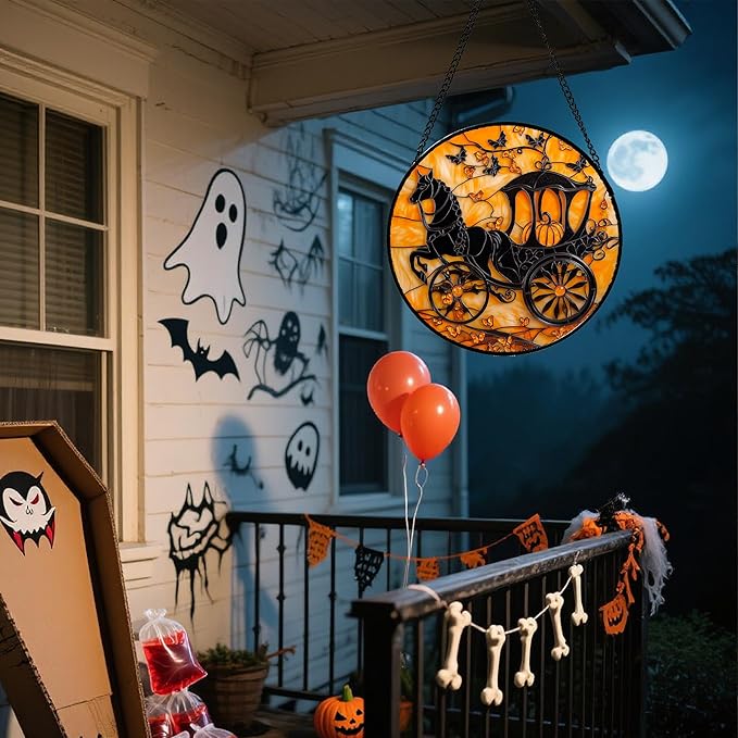Stained Glass Window Hanging - Halloween Pumpkin Carriage Suncatcher for Doors Window Garden Indoor Spooky Funny Orange Sun Catchers Gothic Decor Horror Gifts for Women Men Friend 15 in