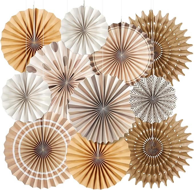 Boho Hanging Paper Fans White Brown Champagne Party Decorations Neutral Rustic Paper Fans Classroom Decoration for Baby Shower Birthday Wedding Bridal Party