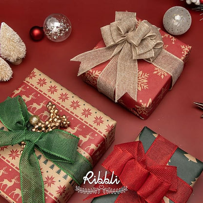 Ribbli Emerald Green Burlap Wired Ribbon, 1-1/2” Inch x Continuous 20 Yard, Green Wired Ribbon for Wreaths,Big Bows,Tree Decoration,Outdoor Decoration