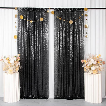 ShinyBeauty Sequin Curtains 4 Panels Black Backdrop Curtain Sequin Backdrops Sparkle Fabric Shimmer Photo Background for Halloween Parties Decor (2FTx8FT)