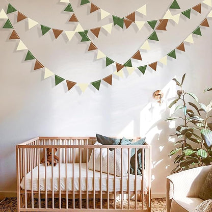 Jungle Party Decoration Sage Green Brown Beige Felt Hanging Triangle Mini Bunting Pennant Banner Flag for Safari Woodland Wild One Two Wild Birthday Wedding Neutral Baby Shower Classroom Nursery Decor