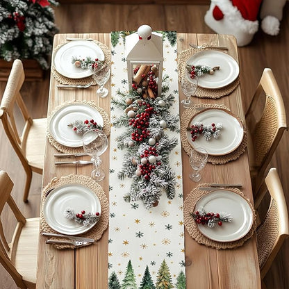 GEEORY Christmas Table Runner 13x90 Inch, Xmas Tees Snowflakes Holiday Decorative Farmhouse Table Decoration for Kitchen Dinning, Indoor Outdoor Dinner Party Decor (Light Green) GT166-90