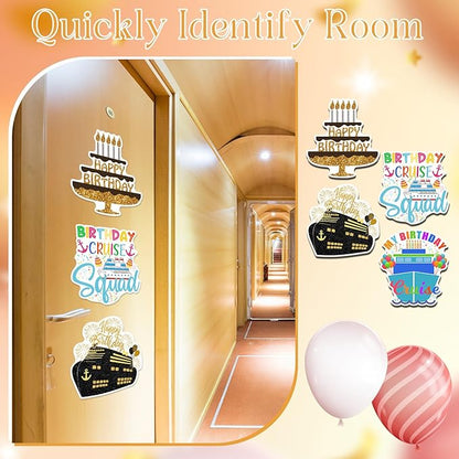 Hoteam 4 Pcs Birthday Cruise Door Decorations Magnetic Large Happy Birthday Cruise Ship Door Magnets Funny Waterproof Balloon Cake Nautical Magnets for Carnival Cabin Stateroom Fridge Car