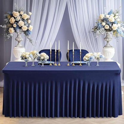 Wish Care 2 Pack Navy Blue Stretch Spandex Table Clothes for 6 Foot Rectangle Tables, 6FT Wrinkle Free Fitted Tablecloths Ruffles Design Table Cover for Party, Banquet, Wedding and Events