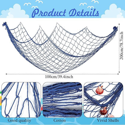 Marsui 11 Pcs Wooden Nautical Wall Decor Fishing Net Decoration, Include Decorative Fishing Net, Ship wheel, Fish Skeleton, Life Ring, Anchor, Starfish Beach Decor for Mediterranean Party (Retro Red)