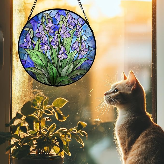 Stained Glass Suncatcher, Blue Purple Flowers Green Leaves Sun Catcher Plants Stain Glass Window Hanging Decoration Mother's Day Birthday Gifts for Women Men Mom and Nana 6.3 in