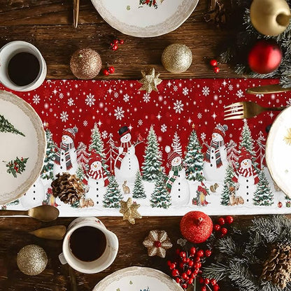Christmas Snowman Cotton Linen Table Runner for Dining Kitchen, Xmas Tree White Snowflakes Winter Wedding Outdoor Party Tablerunners Decoration, Dresser Scarf Coffee Tablecloth Runners 13x120 Inches