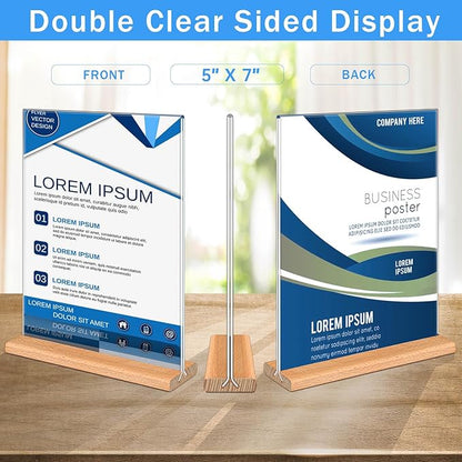 Kersally Acrylic Sign Holder 5 x 7, 6 Pack Double-Sided Clear Table Display Stands with Wood Base,Vertical Acrylic Frame Menu Flyer Paper Holder for Stores, Restaurants, Hotels, Office, Show Fair