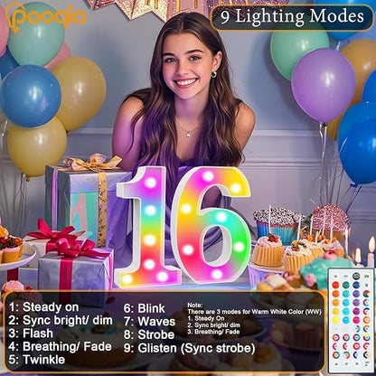 Pooqla 50th Birthday Decorations for Her Him, 35 Colors LED Light Up Numbers with Remote, Multicolor Marquee Numbers 50 Sign for Party Wedding Anniversary Decor 50th Birthday Gift, Number 50