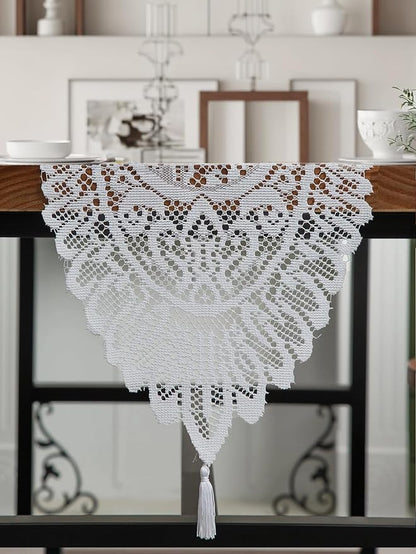 Jayla White Lace Table Runners, Elegant Vintage Lace Table Runner, Wedding Lace Decor with Floral Embroidery,Tea Party Decor, 13x36 Inch