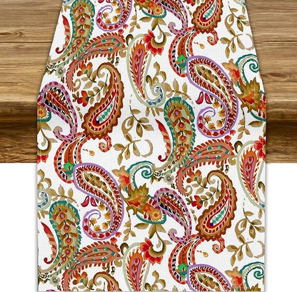 Colorful Paisley Table Runner, Boho Vintage Pink Red Teal Floral Leaves Print Table Runner for Home Kitchen Dining Table Holiday Party Decor, 13x36inch