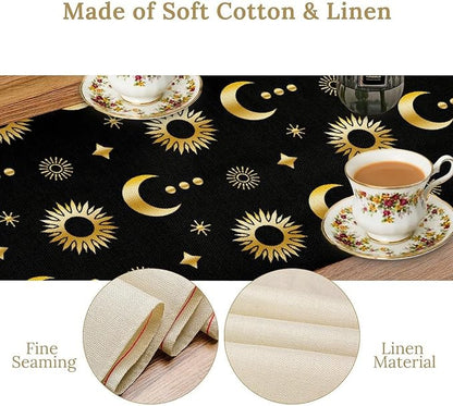 Magic Gold Sun Moon Stars Table Runner Mystical Farmhouse Rustic TableRunner for Party Holiday Dining Room Kitchen 13x120 Inch