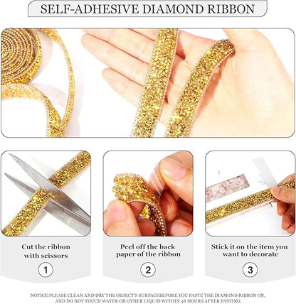 Rhinestone Ribbon 3 Yards Self Adhesive Rhinestone Strips Diamond Ribbon Sticker Crystal Roll Glitter Bling Rhinestones Tape for Crafting DIY Art Decoration (Gold,0.6 Inch)