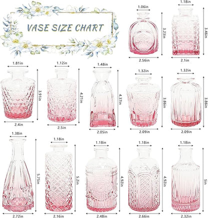 12Pcs Glass Bud Vase Set, Small Flower Vase for Centerpieces, Pink Bud Vases in Bulk, Mini Vintage Vase for Rustic Wedding Decorations