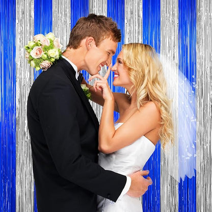 Silver and Blue Tinsel Backdrop Foil Fringe Curtains, 2Pack Birthday Door Decorations Photo Backdrop, Party Streamers Supplies for Bachelorette, Graduation, Christmas, Disco Decor New Year Decorations