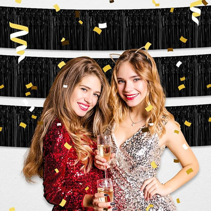 6 Pack 10 Feet Black Foil Fringe Garland Metallic Tinsel Streamers Banner Wall Hanging Curtain Backdrop for Parade Floats, Birthday, Graduate, Mother's Day, Wedding Party Decoration