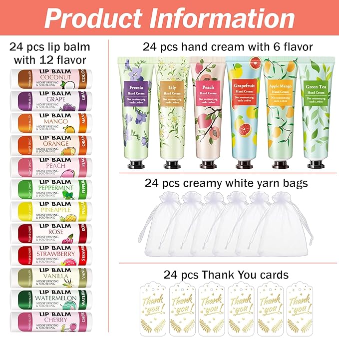 AZEN 24 Sets Bulk Gifts, Hand Cream and Lip Balm Bulk Set with Organza Bag Thank You Card, Baby Shower Wedding Gifts for Guests, Bridal Wedding Favors for Guests, Thank You Gifts for Women