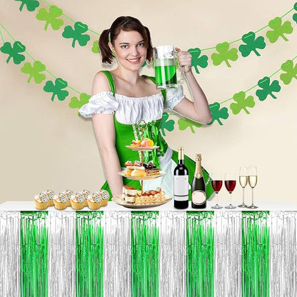 3 Pack 29x108 Inch Silver Green Foil Fringe Table Skirts Metallic Banner for Tinsel Streamer Garland Backdrop for Parade Floats Wedding Thanksgiving Birthday Christmas Halloween Party Decoration