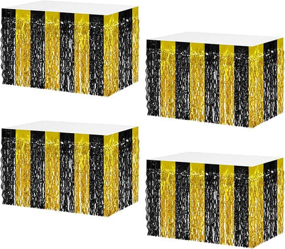 4P Wavy Metallic Tinsel Foil Fringe Table Skirts for Rectangle Tables Backdrop Garland Curtains for Parade Floats Wedding Birthday Parties Decoration Graduation 2025 Christmas (Black Gold)
