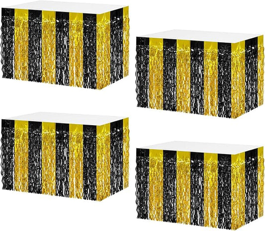 4P Wavy Metallic Tinsel Foil Fringe Table Skirts for Rectangle Tables Backdrop Garland Curtains for Parade Floats Wedding Birthday Parties Decoration Graduation 2025 Christmas (Black Gold)