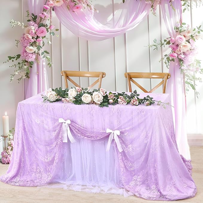 Light Purple Tablecloth Outdoor Lace Table Fabric 2pcs 60x120 Inch for Farmhouse Rustic Wedding Bridal Shower Party Decoration Rectangle Overlay Vintage Embroidered Reception Table Cloth Decor