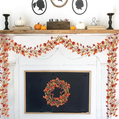 4 Pack Artificial Fall Flowers Garland, 6 FT Fall Decorations Fake Mums Floral Vines UV Resistant Faux Hanging Flower Ivy Garland for Home Party Table Wall Mantel Decor (Orange + Dark Red)