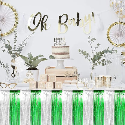 6 Pack 29x108 Inch Silver Green Metallic Foil Fringe Tinsel Table Skirts for Rectangle Tables Streamer Curtains Backdrop for Birthday, Parade Floats, Mardi Gras, St Patrick Day Party Decoration