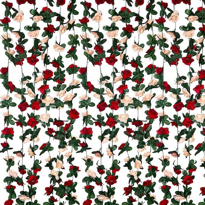 8Pcs 63Ft Burgundy&Champagne Fake Rose Hanging Flowers, Artificial Flower Vine, Hanging Floral Vine Garland for Wedding, Wall Arch, Halloween, Christmas Garden Backdrop Decor