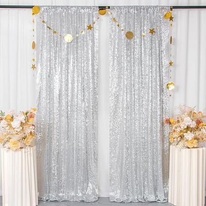 ShinyBeauty Silver Sequin Backdrop 2 Pieces, Photograph Background 7FTx7FT Shiny Gray Backdrop Curtains Panels Sparkly Backdrops Glitter Drapes for Weddding,Parties,Studio,Photo Decor（14FTx7FT）