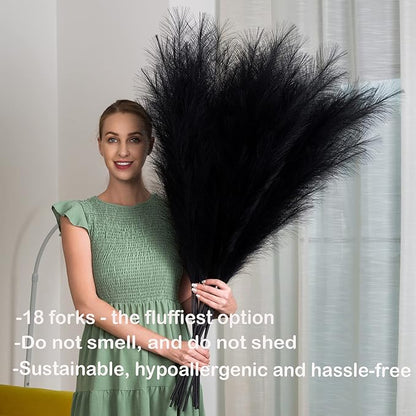 Faux Pampas Grass 6 Stems, Artificial Pampas Grass - 43 inch Total Extra Large Pompass Grass Tall Pompous Boho Flower Arrangement and Floor Vase Filler Home Decor for Room Wedding Party (Black)