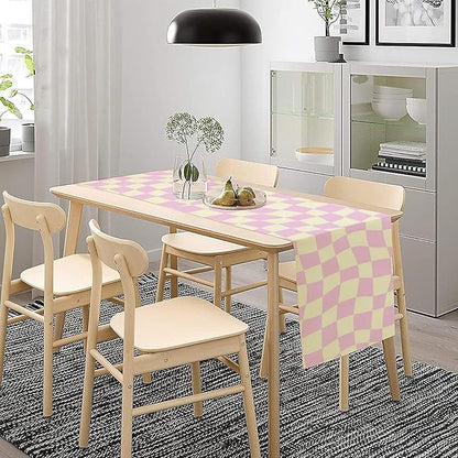 Hippie Table Runner Retro Geometric Square Purple Grid 60s70s Style Kitchen Restaurant Decoration for Indoor and Outdoor Wedding Party Table Runner 13x36 Inch
