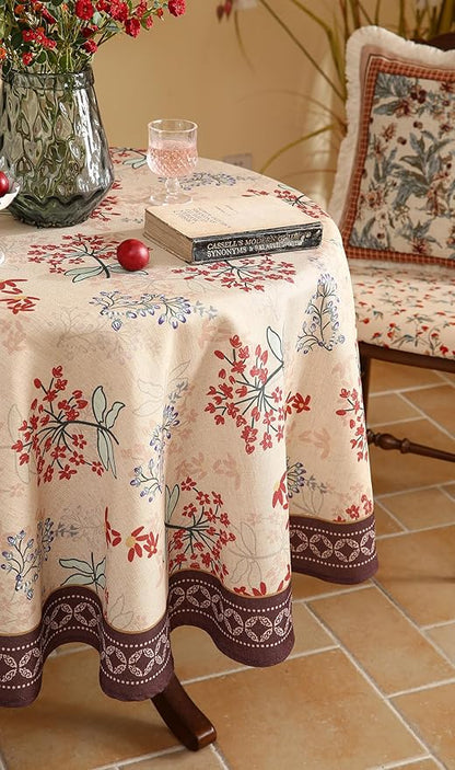 patdrea Designer Linen French Round Table Cloth,Vintage Red Floral Durable Breathable Colorful Dacorative Tablecloth for Kitchen Dining,Christmas,Thanksgiving,Holiday,Diameter 67"-Newmari