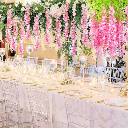 24 Pack Artificial Fake Wisteria Vine Ratta (3.75 Feet) Hanging Garland Silk Flowers String Home Party Wedding Decor (Deep Pink)