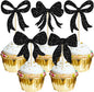 Gyufise 36Pcs Bow Cupcake Toppers Glitter Girls Birthday Decorations Bowknot Cupcake Picks Bow Tie Birthday Decorations Bow Cake Toppers for Bridal Baby Shower Bachelorette Party Supplies Black