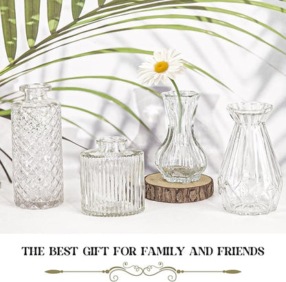 Set of 4 Glass Bud Vase Set, Small Vintage Clear Flower Vase Centerpieces for Table Bulk Cute Rustic Style Mini Vase for Home Decor Wedding Baby Shower Birthday Party